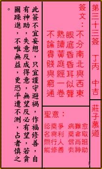 不分南北與西東感情|第三十三籤 (丁丙 中平→中吉) 不分南北與西東。眼底昏昏耳似聾。